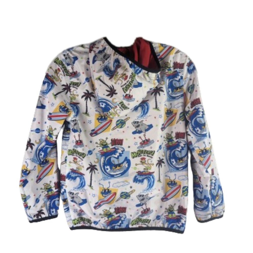 365 Kids Monster Shark Surfing Reversible Hooded Red Light Rain/Wind Jacket - Picture 2 of 12